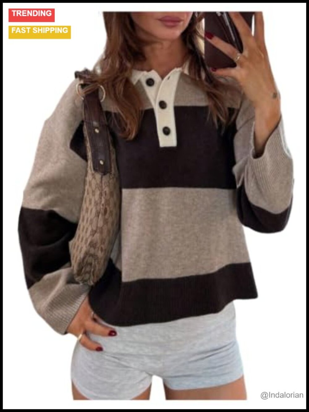Women's Color Block Striped Cropped Sweater Button Front Knit Pullover